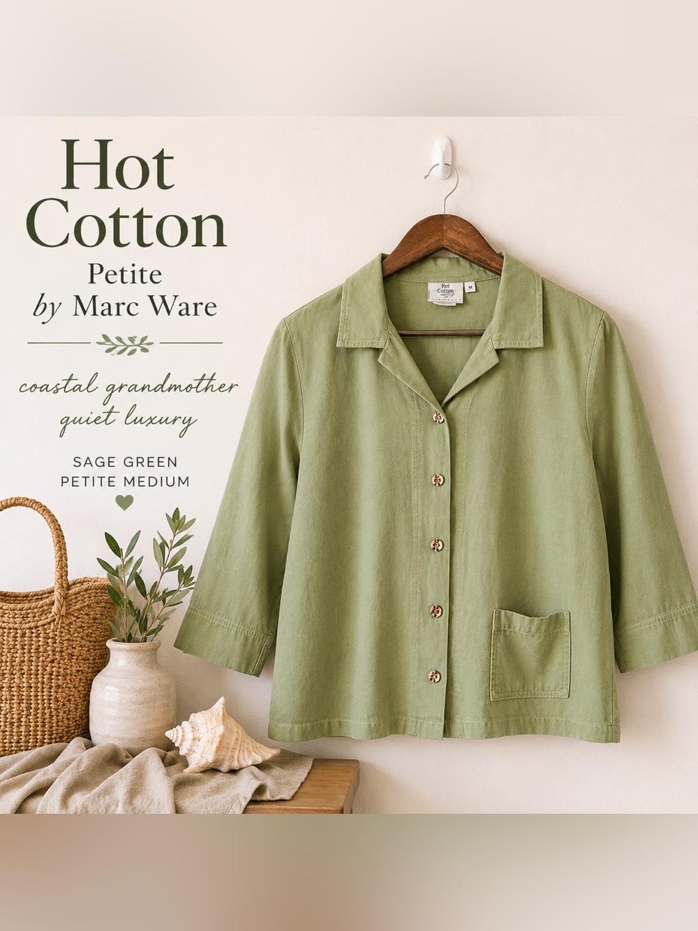 Hot Cotton Coastal Grandmother Quiet Luxury Sage Green Button Up Petite M E98